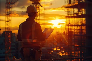 As the sun sets behind a sprawling construction site, an engineer's silhouette emerges prominently in the foreground. The engineer, equipped with a hard hat and a clipboard, appears deep in thought,