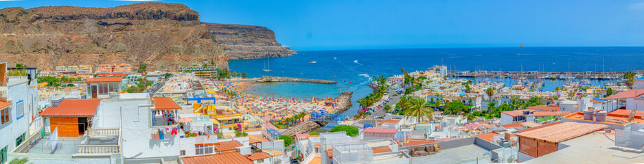 Panoramic Image of Picturesque Scenic Marina of Puerto De Mogan At Gran Canaria With Small Fishing Port is Called a Little Venice of the Canaries