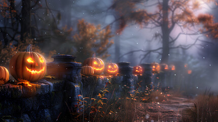 Mysterious Halloween Jack-o'-Lanterns on Stone Wall in Foggy Forest
