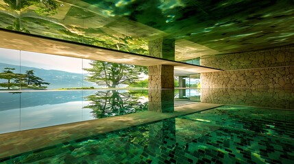 Fototapeta premium A pool with a mirrored ceiling, creating a mesmerizing illusion of depth and infinity