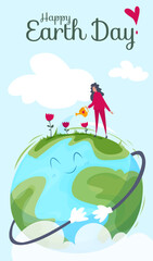 Earth Day card. Colorful poster with woman watering blooming flowers and plants on planet surface. Character cares about nature and ecology. Environment Protection. Cartoon flat vector illustration