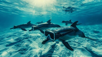 A pod of dolphins swimming gracefully through crystal clear waters showing the depth and clarity of the virtual reality technology.