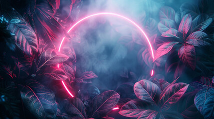Fototapeta premium Neon Light glowing circle and around the outside of the circle green Tropical Leaves abstract the background.