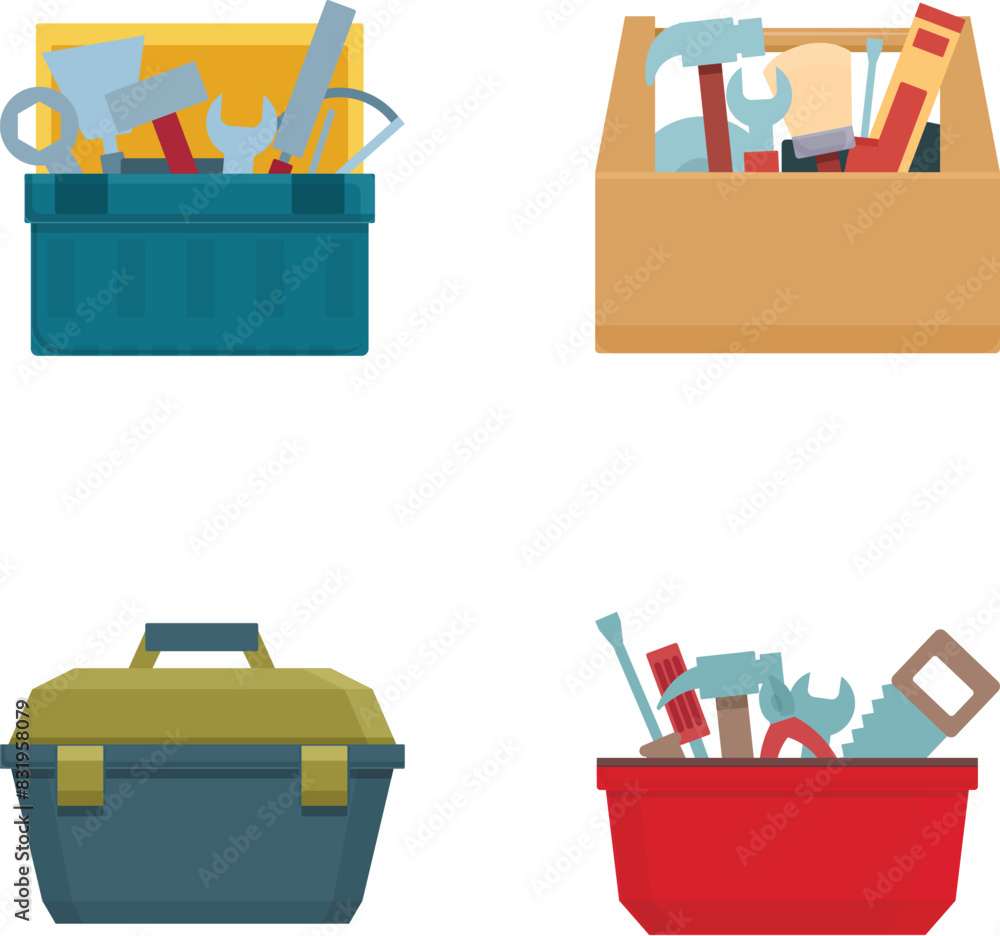 Poster toolbox icons set cartoon vector. various toolbox with instrument inside. construction and repair to