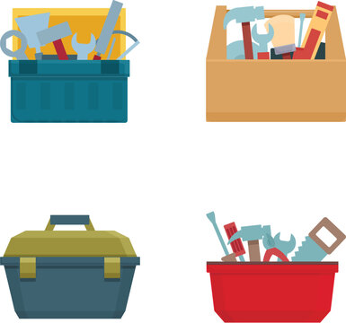 Toolbox icons set cartoon vector. Various toolbox with instrument inside. Construction and repair tool