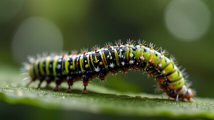 closeup portrait macro of beauty caterpillar on leaf