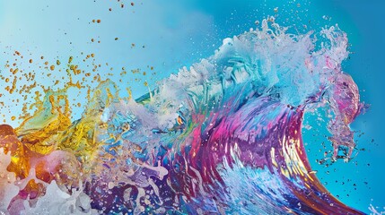 A colorful wave of water with a blue background