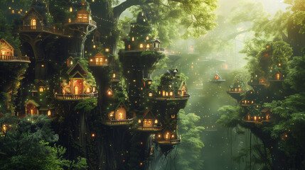 there is a picture of a fantasy city in the middle of the forest
