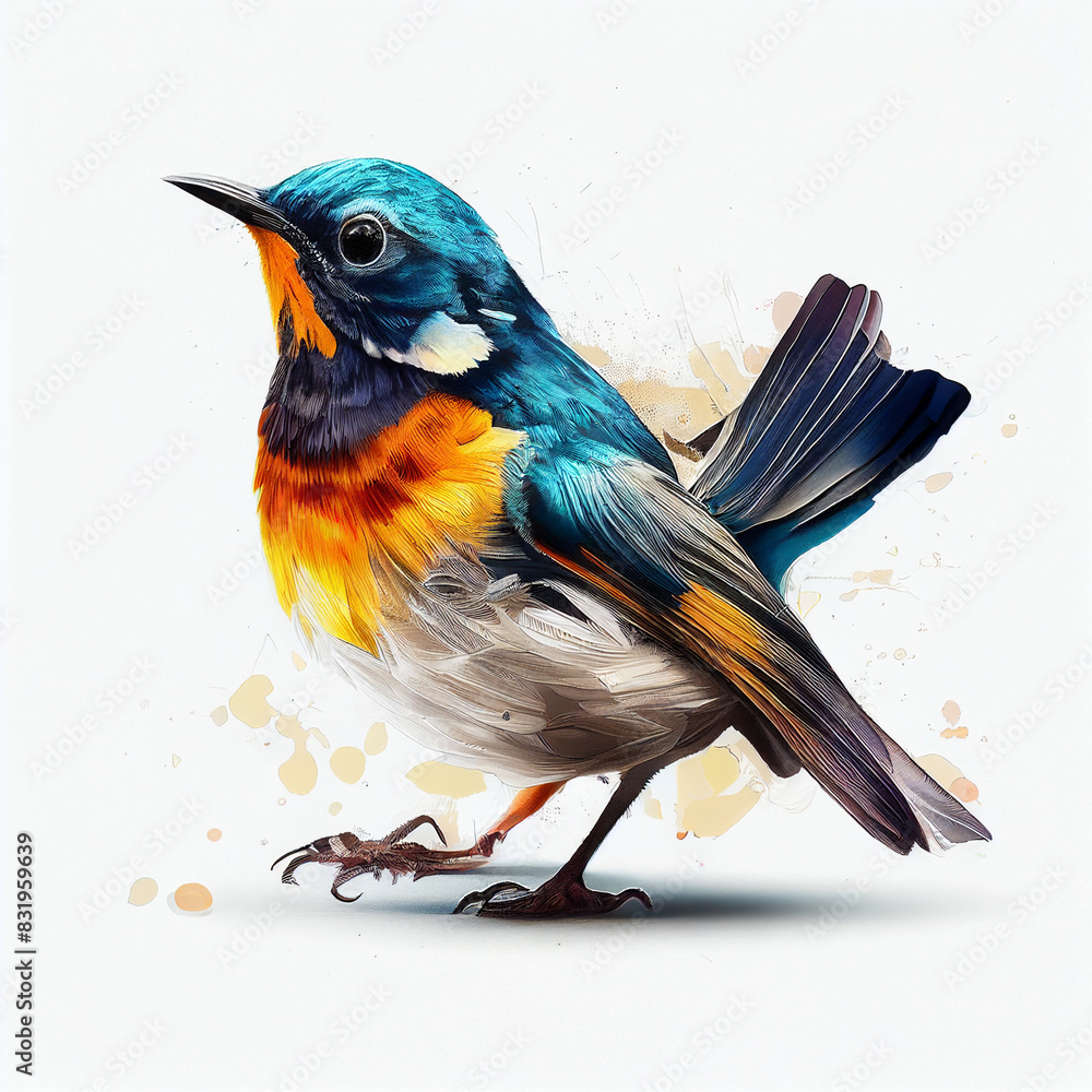 Poster brightly colored bird with a white background and a splash of paint