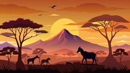 African savannah landscape with wild animals silhouettes at sunset vector illustration © wannasak