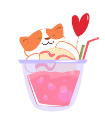 Summer cocktail with kitten. Kawaii cat in glass of refreshing soda with scoop of ice cream. Fruit juice, drink or shake with furry pet. Cartoon flat vector illustration isolated on white background