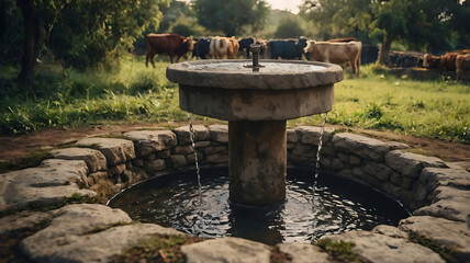 An old Traditional vintage stone or cement water well of cattle filled with water, circular well closeup
