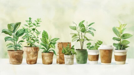 A collection of various potted plants aligned in a row on a light background, showcasing greenery in different pot styles.