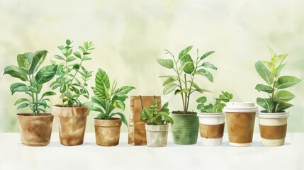 Obraz premium A collection of various potted plants aligned in a row on a light background, showcasing greenery in different pot styles.