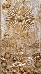 Intricate engravings on wood, featuring summer motifs such as suns, waves, and palm trees, rendered in a way that highlights the natural beauty and texture of the wood, ai generated