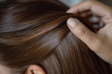 Obraz premium A woman's hand gently touches luxurious long brown locks, revealing the rich color, shiny texture and delightful health of the hair