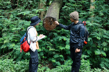 Young Researchers With Backpacks Looking Examining Tree Log And Making Notes While Exploring Forest...