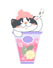 Summer cocktail with kitten. Smiling kawaii cat in cup with fizzy refreshing drink, fruit juice or smoothie. Beverage with furry pet. Cartoon flat vector illustration isolated on white background