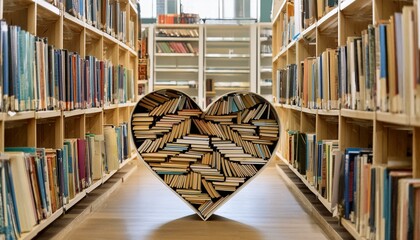 A heart made of books, nestled among towering shelves in a quiet library.