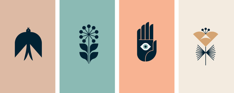 Minimalist Botanic graphic elements and logos. Flowers, simple plants and shapes vector illustrations. Modern Nordic design