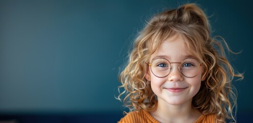 Happy little curly blond girl with big eyeglasses. Isolated on solid blue background