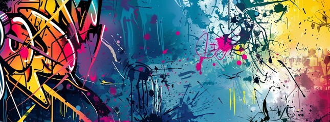 A dynamic, graffiti-style background with splashes of vibrant colors.