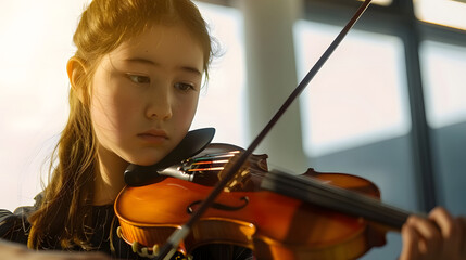 Schoolgirl playing violin in music school