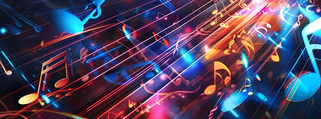 A dynamic, music-themed background with abstract notes and instruments.