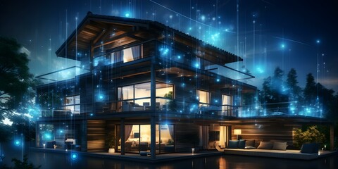 Fototapeta premium Creating a Digital Community of Smart Homes with IoT Network for Data Transactions. Concept IoT Network, Smart Homes, Data Transactions, Digital Community, Technology Innovation