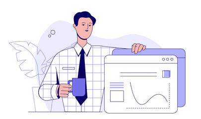 Scene at office. Young male entrepreneur, employee or manager of company at business plan presentation. Growth and career development. Flat vector illustration isolated on white background