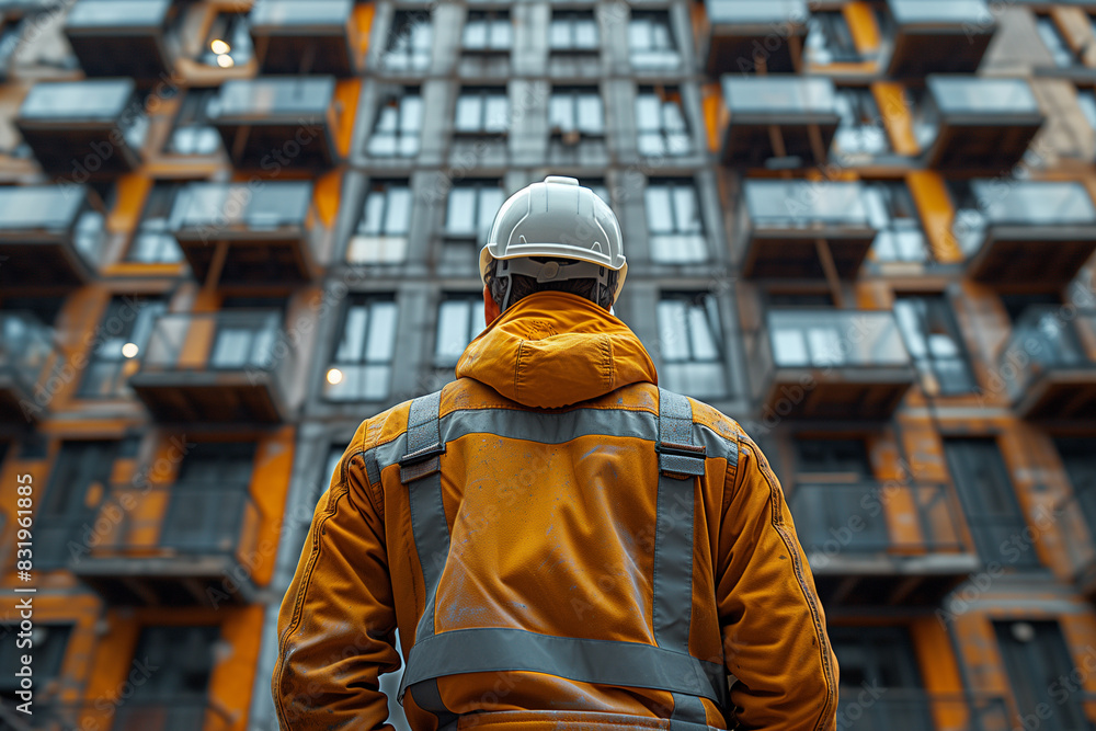 Poster arafed man in a yellow jacket and a gray hat standing in front of a tall building