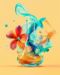 A mixture of various cosmetic components in laboratory glassware The swirling movement and bright colors convey a sense of creativity.