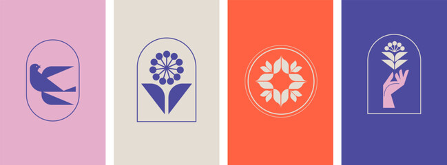 Minimalist Botanic graphic elements and logos. Flowers, simple plants and shapes vector illustrations. Modern Nordic design