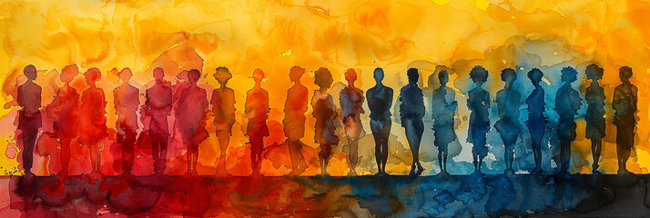 Happy international women's day concept, 8th March greeting card - Watercolor painting silhouette of beautiful women in their diversity, isolated on a yellow background.