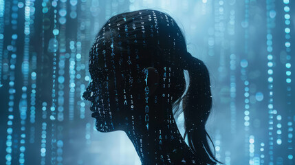 Humanoid silhouette in binary code with digital background