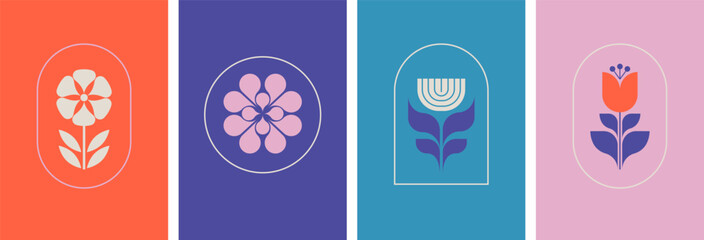 Minimalist Botanic graphic elements and logos. Flowers, simple plants and shapes vector illustrations. Modern Nordic design