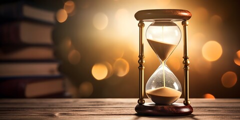 Hourglass on table symbolizes time management and productivity concepts. Concept Time Management, Productivity, Hourglass Symbolism