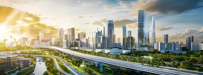 A futuristic smart city with advanced infrastructure, green energy solutions, and a harmonious urban design.