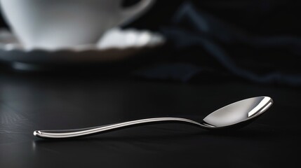 A creamer spoon made of stainless steel with a black background and a coffee cup in the distance