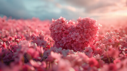 Heart made of flowers in a field of pink blossoms at sunrise