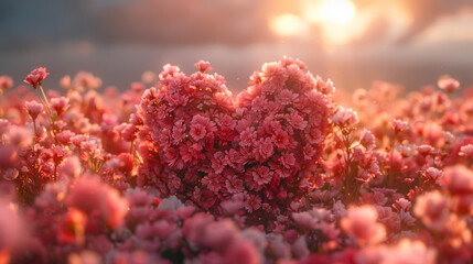 Heart-shaped flower arrangement in a vibrant pink field at sunset