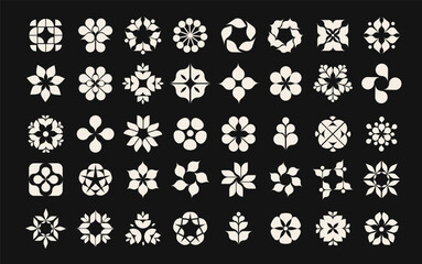 Collection of geometric flowers and shapes, modern minimalist style elements. Black and white symbols, brand and logo elements