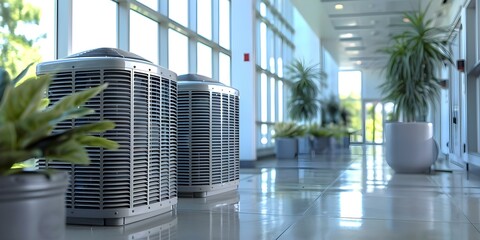 Dual air conditioning units inside a building for efficient cooling ventilation. Concept Air Conditioning Efficiency, Dual Units, Interior Cooling, Ventilation System, Building Tech