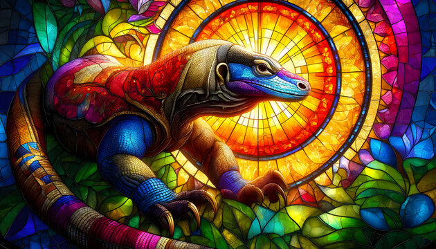 Stained glass picture of comodo dragon