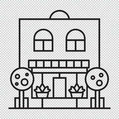 Simple courtyard shopping house icon, black vector line art design on transparent background