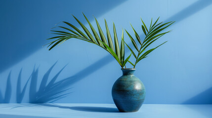 Minimalist vase with green leaves against a blue background