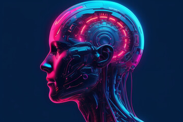 Fototapeta premium humanoid robot head representing artificial intelligence, with colorful digital elements symbolizing futuristic technology and innovation