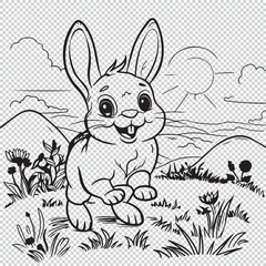 Cute hopping bunny in beautiful landscape, black vector illustration on transparent background