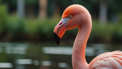 closeup portrait wild pink flamingo in nature