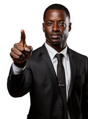 African-American businessman wearing a suit and tie, pointing his finger, touching an imaginary screen in the air